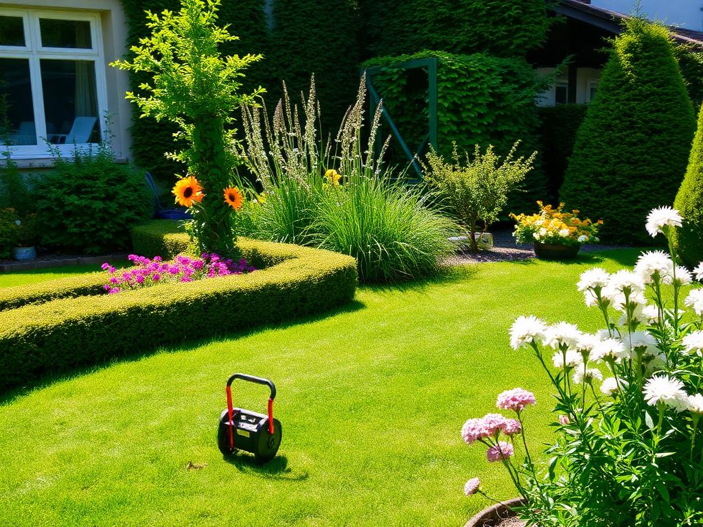 Gepflegter Garten mit gemähtem Rasen und geschnittener Hecke